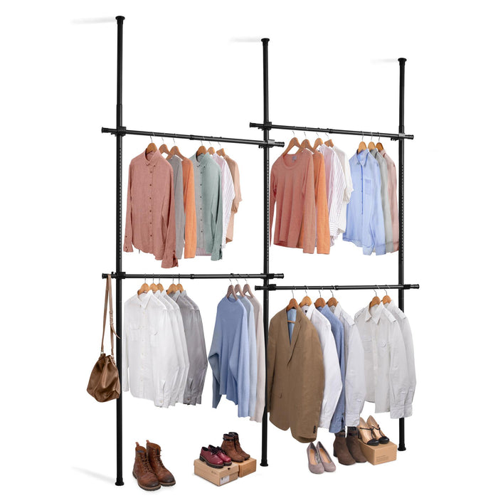 Double Black Telescopic Wardrobe Organiser Hanging Rail Clothes Rack Adjustable Storage Shelving