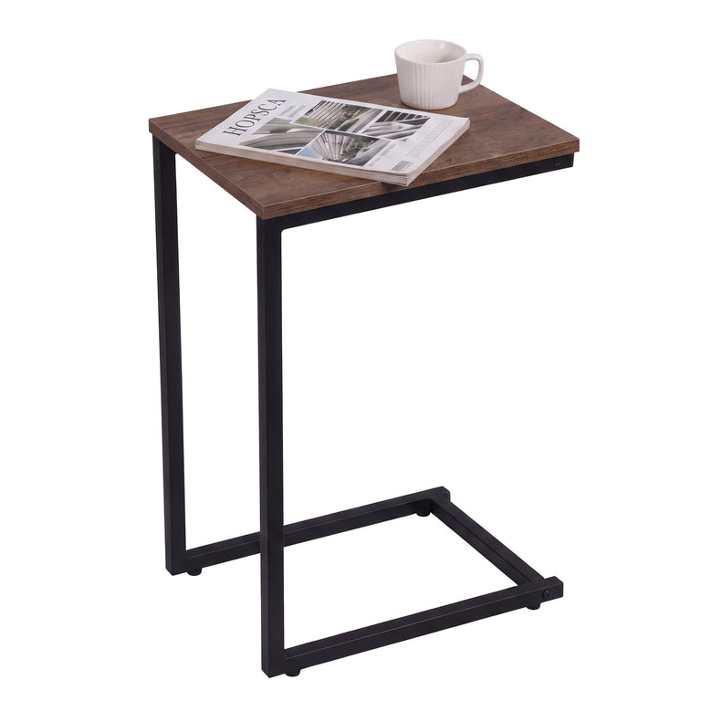 C Shaped Side Table Wood Grain Effect Black Metal Frame
