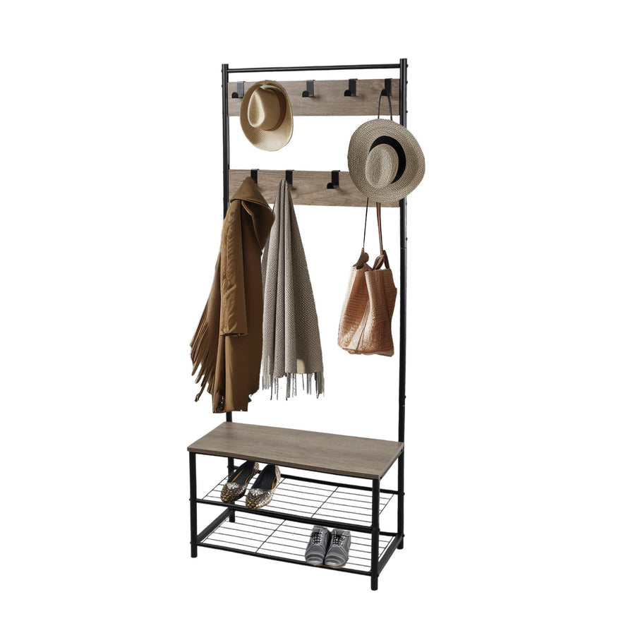 Multi-Function Coat Stand with Grey Frame & Rustic Brown Wood – Hallway Entrance
