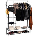 Freestanding Double Clothes Rail with 2 Shoe Racks & 4 Shelves – Black Steel Frame