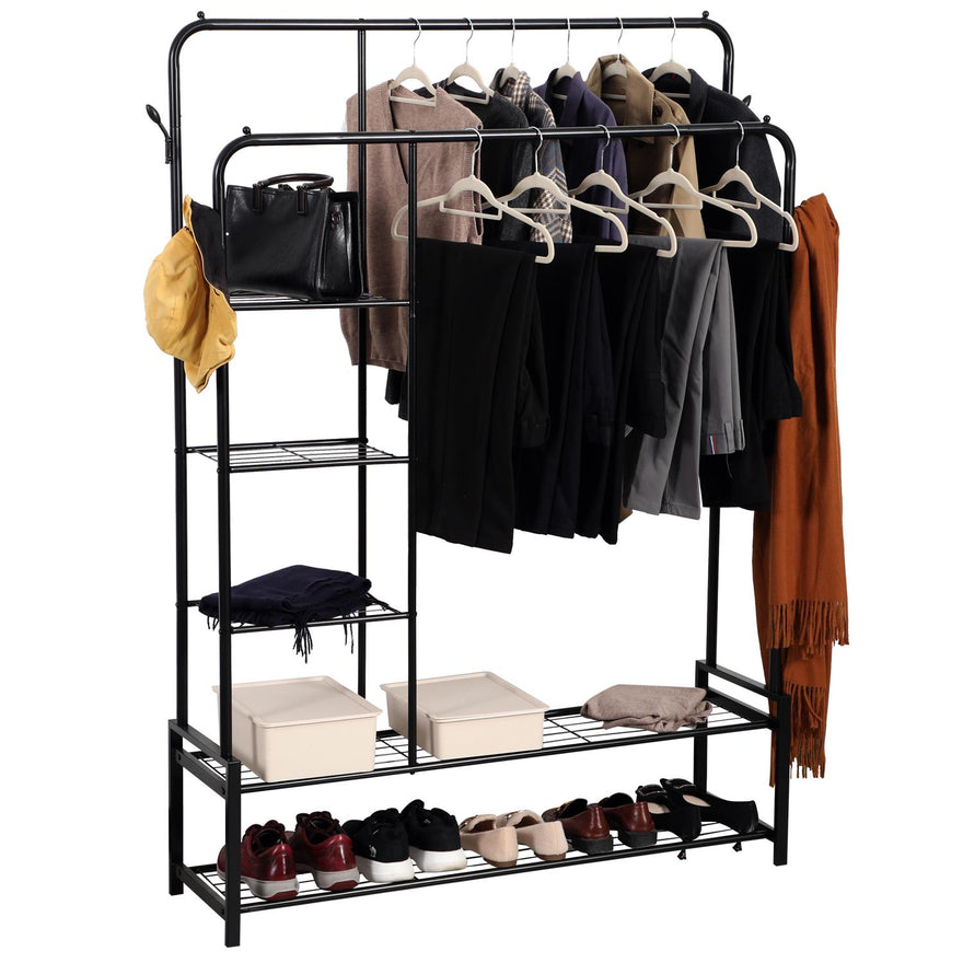 Freestanding Double Clothes Rail with 2 Shoe Racks & 4 Shelves – Black Steel Frame