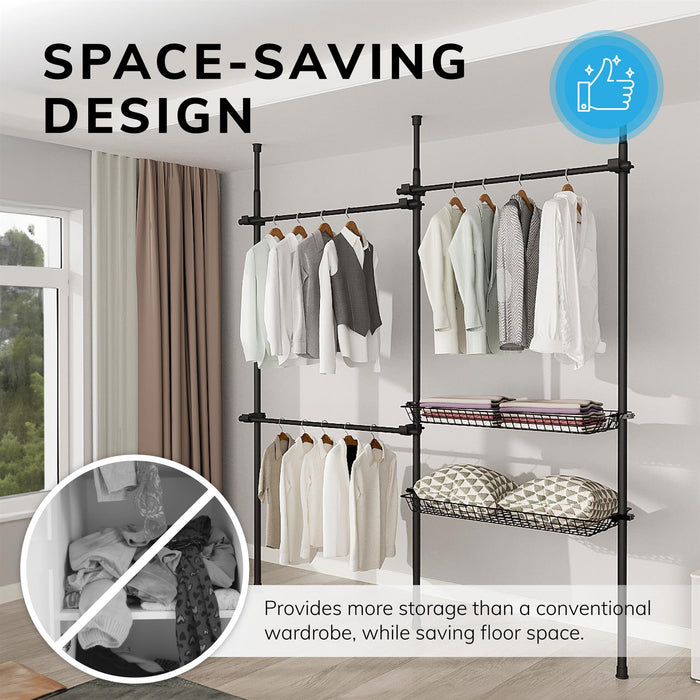 Double Telescopic Clothes Rail With Basket - Rail Wardrobe Replacement - Adjustable Shelving Rack - Clothes Storage & Organiser for Shirts, Coats, Jackets, Hat & Shoes