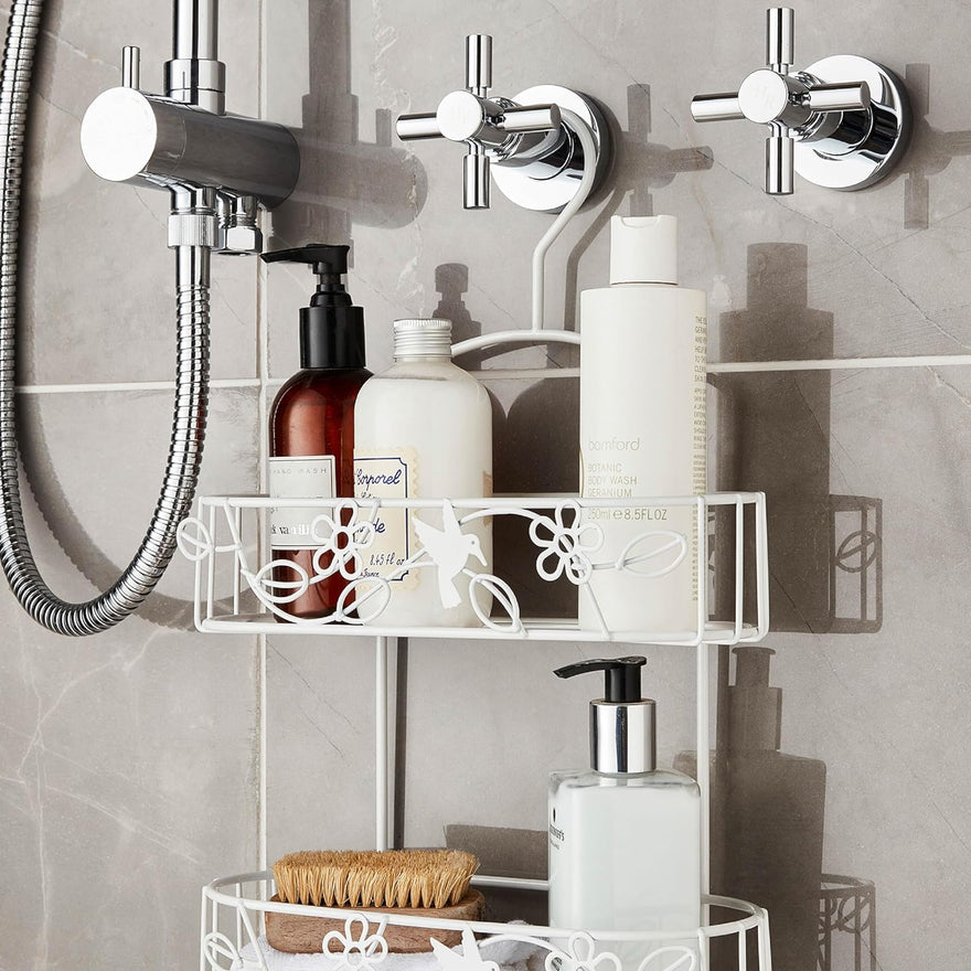 2 Tier White Hanging Shower Caddy With Additional Soap Holder