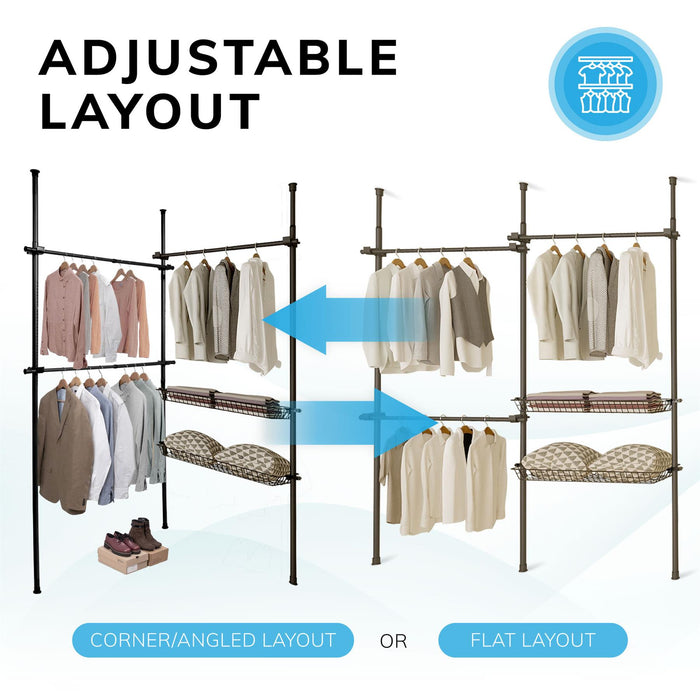 Double Telescopic Clothes Rail With Basket - Rail Wardrobe Replacement - Adjustable Shelving Rack - Clothes Storage & Organiser for Shirts, Coats, Jackets, Hat & Shoes