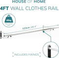 4ft Wall Mounted Clothes Rail – Steel Hanging Rack with Brackets & Fixings