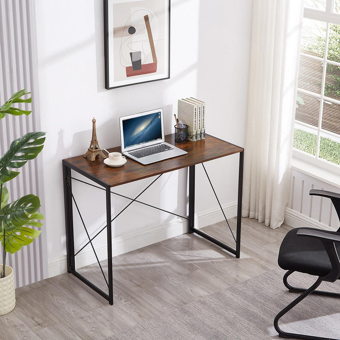 Folding Wood Rustic Brown Desk Table with Black Metal Frame - 100 x 50 x 75cm