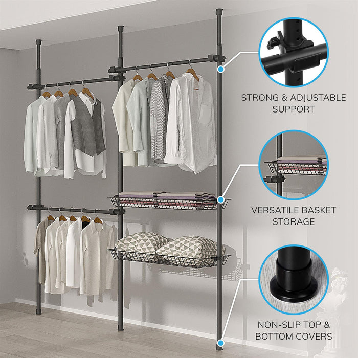 Double Telescopic Clothes Rail With Basket - Rail Wardrobe Replacement - Adjustable Shelving Rack - Clothes Storage & Organiser for Shirts, Coats, Jackets, Hat & Shoes