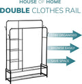 Freestanding Double Clothes Rail with 2 Shoe Racks & 4 Shelves – Black Steel Frame
