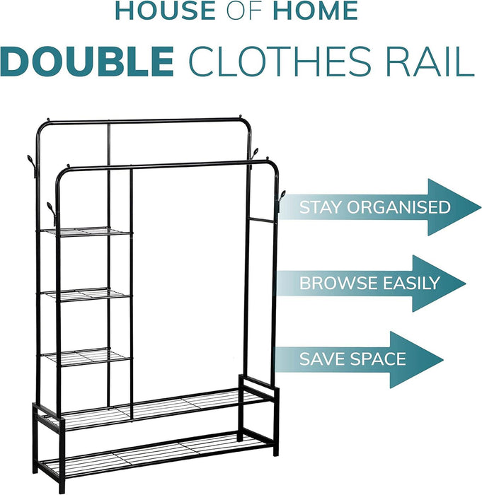 Freestanding Double Clothes Rail with 2 Shoe Racks and 3 Shelves