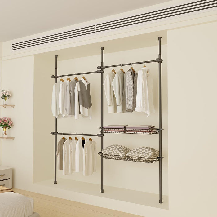 Double Telescopic Clothes Rail With Basket - Rail Wardrobe Replacement - Adjustable Shelving Rack - Clothes Storage & Organiser for Shirts, Coats, Jackets, Hat & Shoes