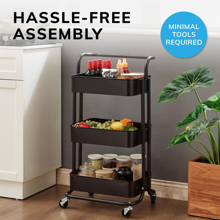 3 Tier Storage Cart On Wheels Home Kitchen Office Bath-Bedroom Organiser Black