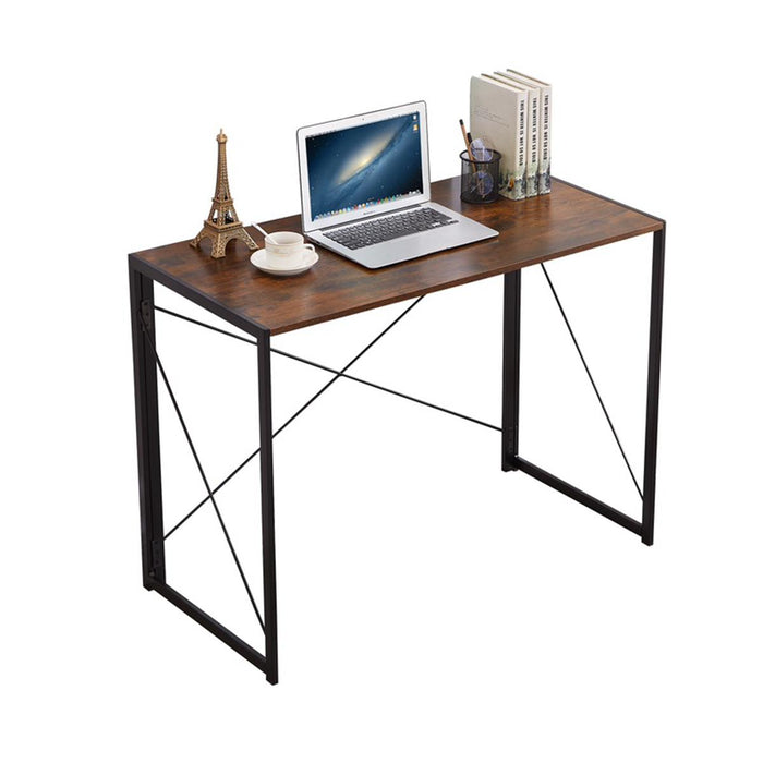 Folding Wood Rustic Brown Desk Table with Black Metal Frame - 100 x 50 x 75cm