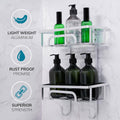 Self Adhesive 2 Tier Aluminium Shower Caddy – Wall Mounted with Bottom Hooks