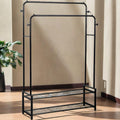 Freestanding Double Clothes Rail with 2 Shoe Racks & 4 Side Hooks – Black Steel