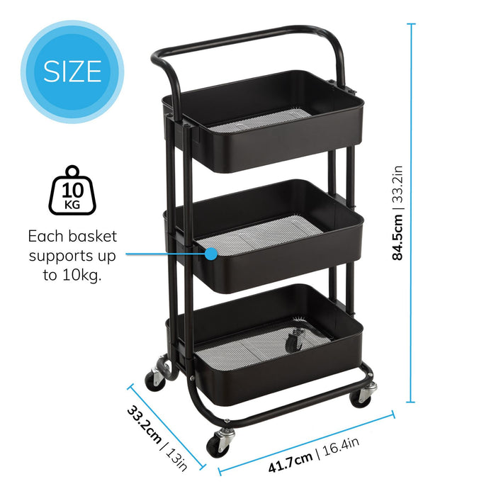 3 Tier Storage Cart On Wheels Home Kitchen Office Bath-Bedroom Organiser Black