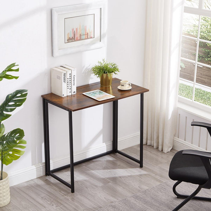 Folding Rustic Brown Wood Grain Desk Table In Black Powder Coating - 80 x 45 x 74cm