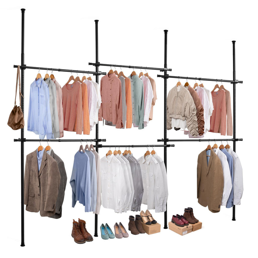 3 Rack Wardrobe Triple Telescopic Wardrobe Organiser – 2 Tier Modular Rails, Black ...