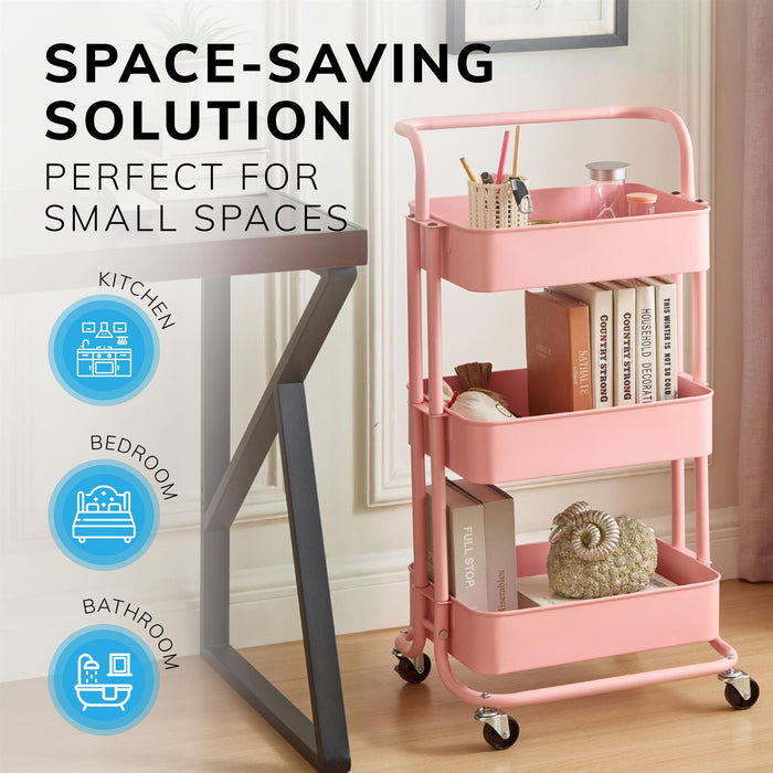 3 Tier Storage Cart On Wheels Home Kitchen Office Bath-Bedroom Organiser Pink