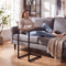 C Shaped Side Table Wood Grain Effect Black Metal Frame