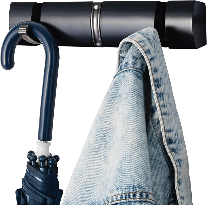 Wall Mounted Door Hook Rack – 3 Black Nickel Hooks on Black Wooden Board