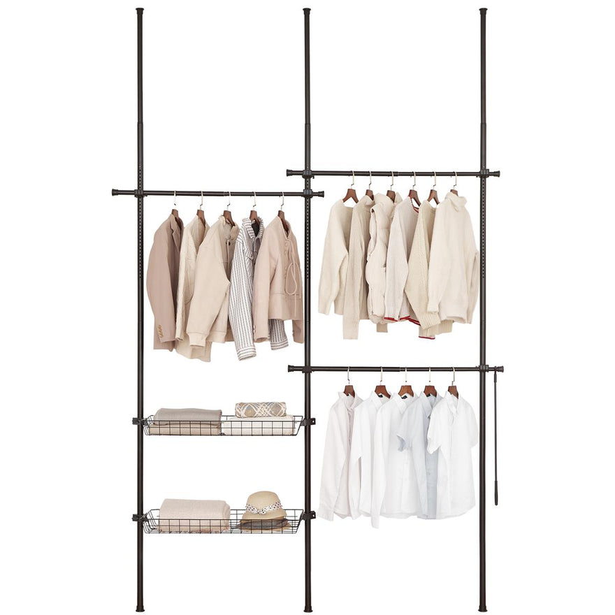 Floor to Ceiling Adjustable Double Telescopic Clothes Rail with Storage Baskets & Shelving