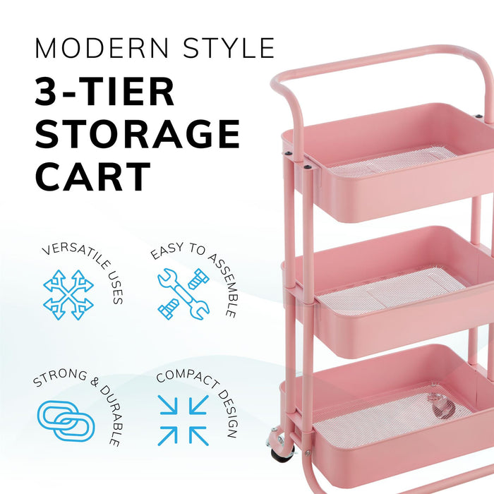 3 Tier Storage Cart On Wheels Home Kitchen Office Bath-Bedroom Organiser Pink