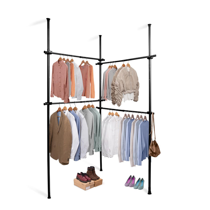 Double Black Telescopic Wardrobe Organiser Hanging Rail Clothes Rack Adjustable Storage Shelving