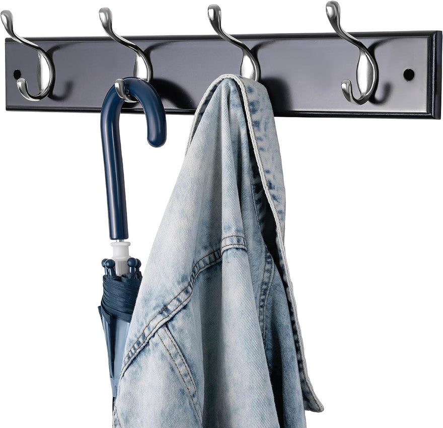 Black Wooden Coat Rack – 4 Double Hooks, Wall or Door Mountable