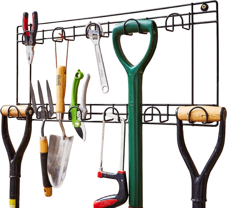 Two Tier Tool Holder with 11 Hooks – Black Powder Coated Wall Rack