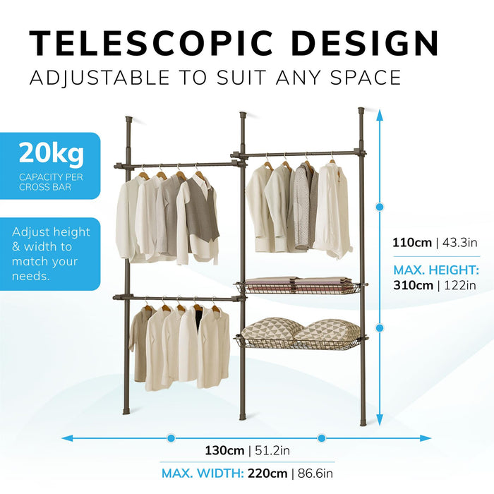 Double Telescopic Clothes Rail With Basket - Rail Wardrobe Replacement - Adjustable Shelving Rack - Clothes Storage & Organiser for Shirts, Coats, Jackets, Hat & Shoes