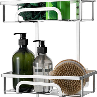 Self Adhesive 2 Tier Aluminium Shower Caddy – Wall Mounted with Bottom Hooks