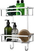 Self Adhesive 2 Tier Aluminium Shower Caddy – Wall Mounted with Bottom Hooks