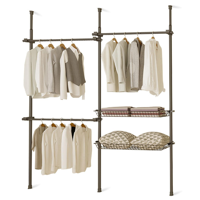 Double Telescopic Clothes Rail With Basket - Rail Wardrobe Replacement - Adjustable Shelving Rack - Clothes Storage & Organiser for Shirts, Coats, Jackets, Hat & Shoes