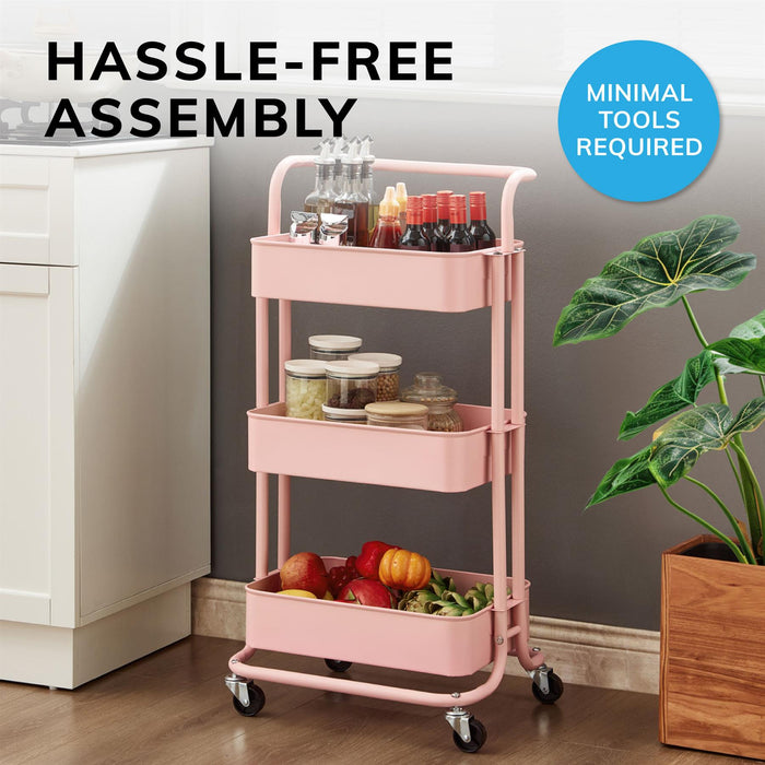 3 Tier Storage Cart On Wheels Home Kitchen Office Bath-Bedroom Organiser Pink