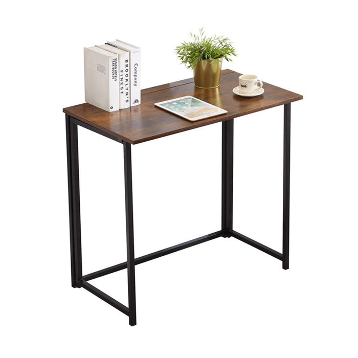 Folding Rustic Brown Wood Grain Desk Table In Black Powder Coating - 80 x 45 x 74cm