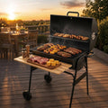 Barrel BBQ with Wooden Shelf. Large Charcoal Grill & Smoker with 70cm Enamel Cooking Grids and Temperature Gauge