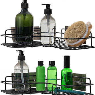 Set of 2 Black Self-Adhesive Corner Shower Shelves – Rust Resistant Storage