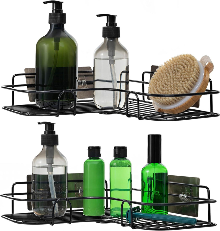 Set of 2 Black Self-Adhesive Corner Shower Shelves – Rust Resistant Storage