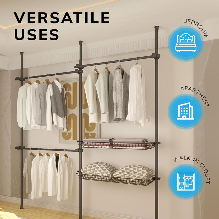 Double Telescopic Clothes Rail With Basket - Rail Wardrobe Replacement - Adjustable Shelving Rack - Clothes Storage & Organiser for Shirts, Coats, Jackets, Hat & Shoes