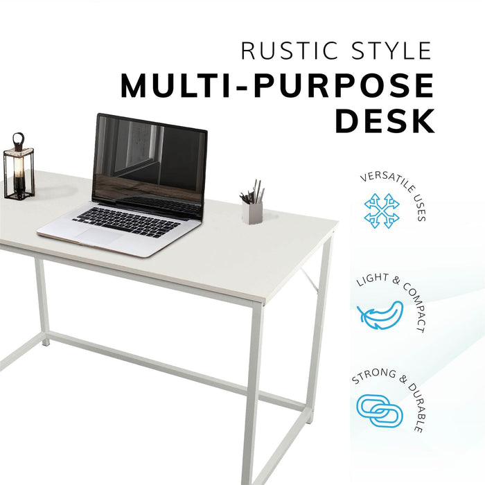 Computer Desk Rustic White with White Coated Metal Frame - Versatile Gaming Desk, and Dressing Table for Home and Office