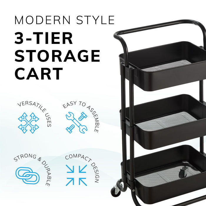 3 Tier Storage Cart On Wheels Home Kitchen Office Bath-Bedroom Organiser Black