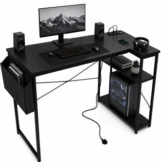 L-Shaped Gaming Desk with Built-In Charging & PC Shelf
