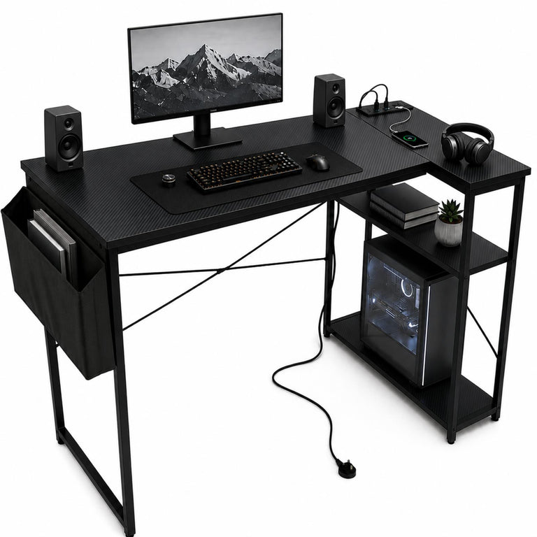L-Shaped Gaming Desk with Built-In Charging & PC Shelf