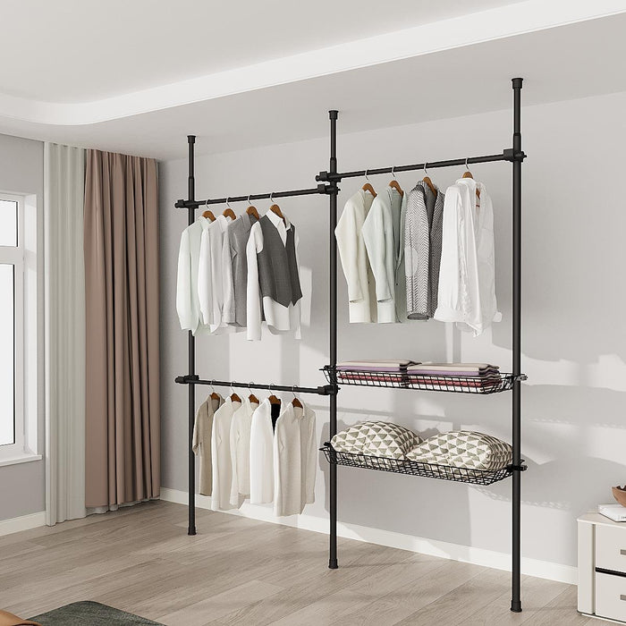 Double Telescopic Clothes Rail With Basket - Rail Wardrobe Replacement - Adjustable Shelving Rack - Clothes Storage & Organiser for Shirts, Coats, Jackets, Hat & Shoes