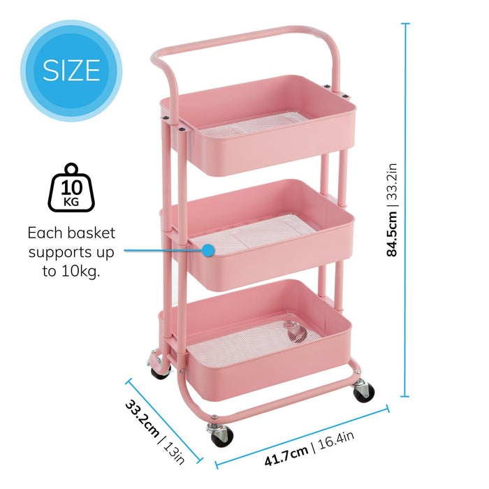 3 Tier Storage Cart On Wheels Home Kitchen Office Bath-Bedroom Organiser Pink