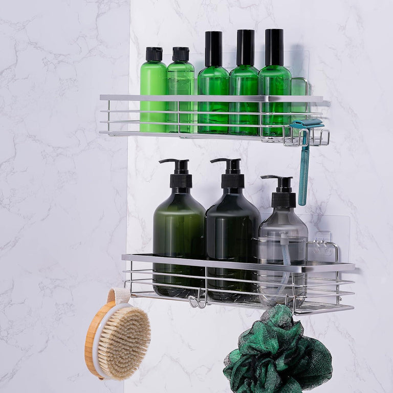 Set of 2 Stainless Steel Self-Adhesive Shower Caddies – Rust-Resistant Wall Storage