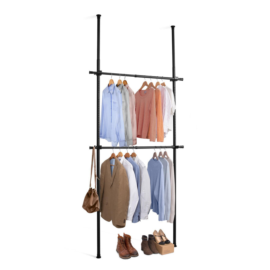 Floor to Ceiling Telescopic Wardrobe Organiser – Double Hanging Clothes Rail, Black & White