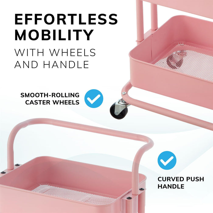 3 Tier Storage Cart On Wheels Home Kitchen Office Bath-Bedroom Organiser Pink