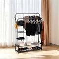 Freestanding Double Clothes Rail with 2 Shoe Racks & 4 Shelves – Black Steel Frame