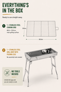 Stainless Steel Portable BBQ Grill. Large Folding Charcoal Barbecue with 72cm Cooking Surface and No Tool Assembly.